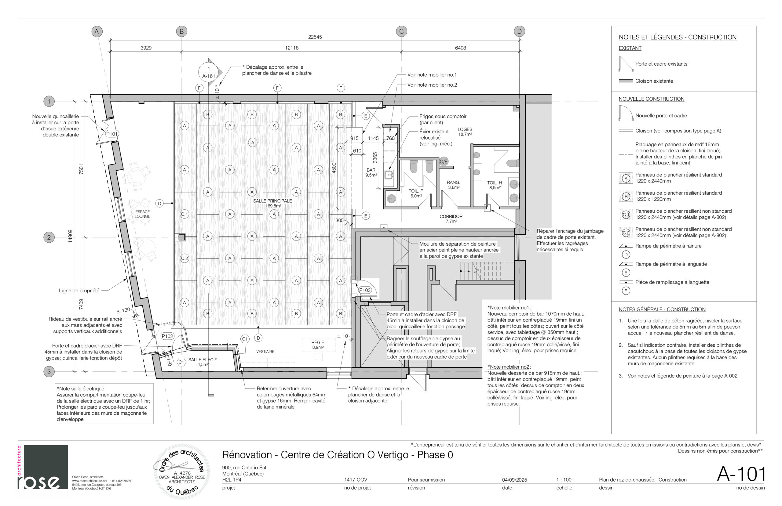 Plan du studio de danse Ginette Laurin du CCOV, 2000 pi².